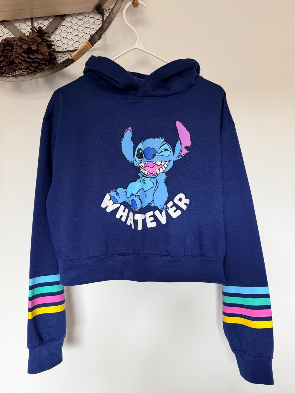 Disney 'Whatever' Stitch Cropped Hoodie in Navy Blue
